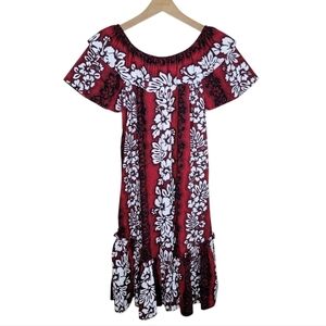 Vintage Royal Creations Red Hawaiian Floral Off Shoulder Midi Dress Size Medium